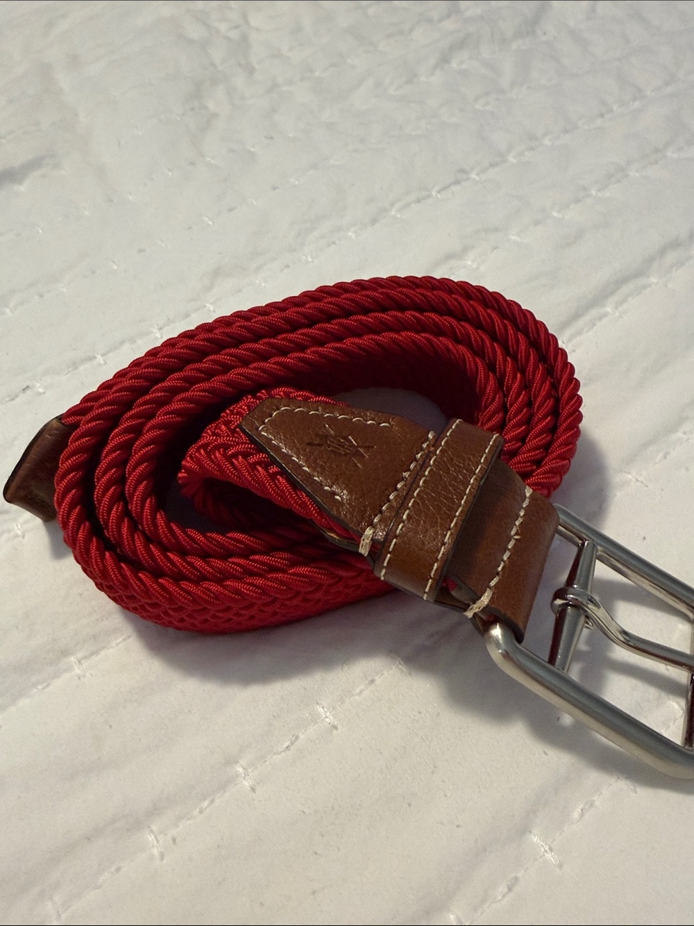 Red Woven Rope Belt with Brown Leather Accents